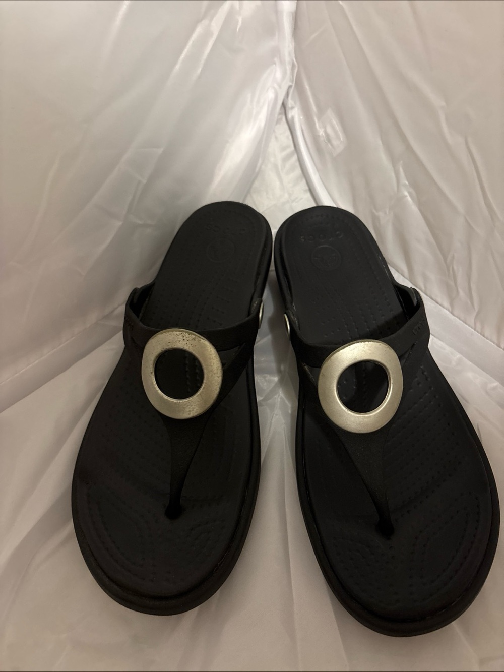 CROCS Women’s Black Thong Sandals with Silver Ring Detail